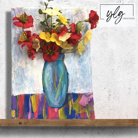 Original Art Floral Mixed Media Acrylic Painting Colorful Decor Red Yellow 7 x 5 - Picture 1 of 6